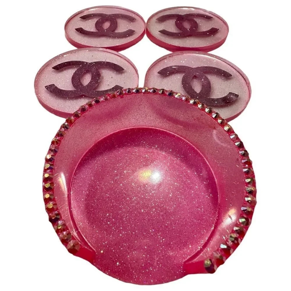 Pink Glitter Resin Coasters / Circle Shapes Handmade Resin. Ch= Monogr…